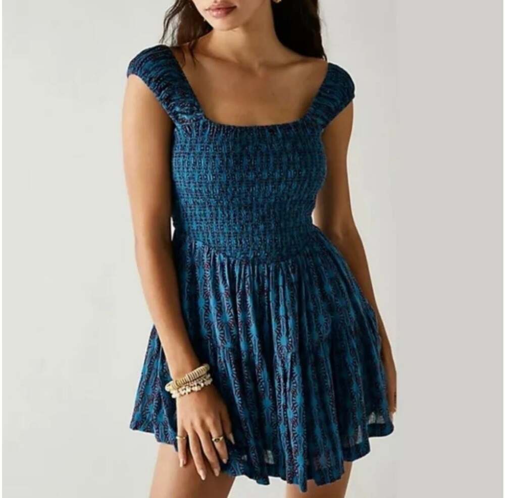 Free People Sweet Annie Mini Dress in Turquoise Floral Smocked XS